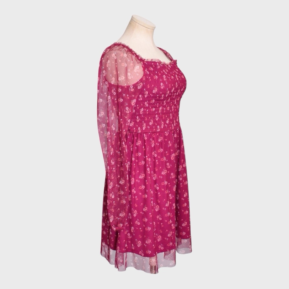 Art Class Smocked Floral Mesh Dress Sheer Long Sleeve Square Neck - Picture 2 of 5